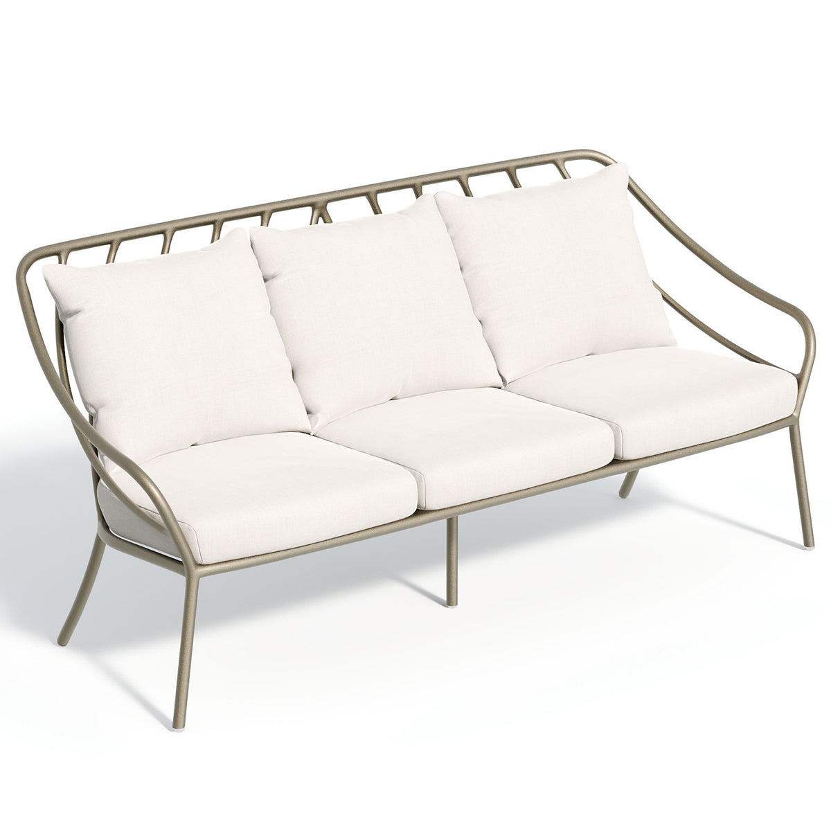 Seavo sofa with Bliss Linen seat and back cushions on a satin powder coated frame, on white