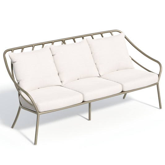 Seavo sofa with Bliss Linen seat and back cushions on a satin powder coated frame, on white