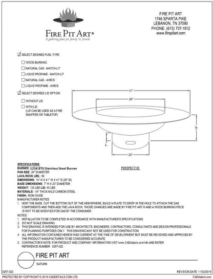 Fire Pit Art Saturn Fire Pit with Lid, 41", dimension drawing