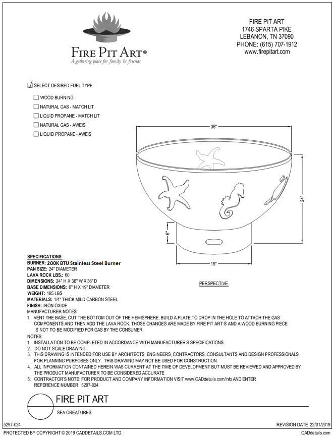 Fire Pit Art Sea Creatures Fire Pit, 36", dimension drawing