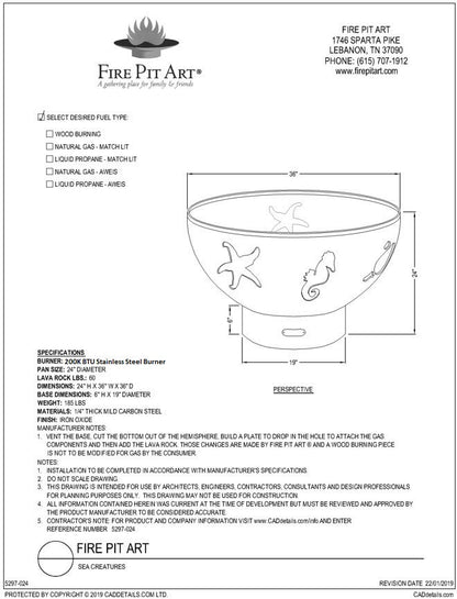 Fire Pit Art Sea Creatures Fire Pit, 36", dimension drawing