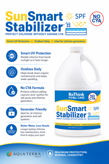 SunSmart Stabilizer infographic highlighting UV protection, daily oxidation, no CYA, and chlorine generator compatibility