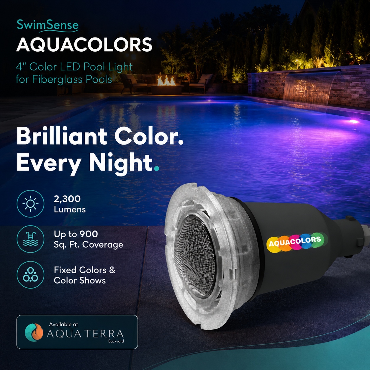 SwimSense AquaColors 4 inch Color LED Pool Light Complete for FiberglassNightLight