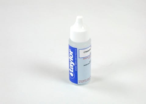 One 0.75 oz bottle of Taylor Cyanuric Acid Reagent Dispenser, label facing forward