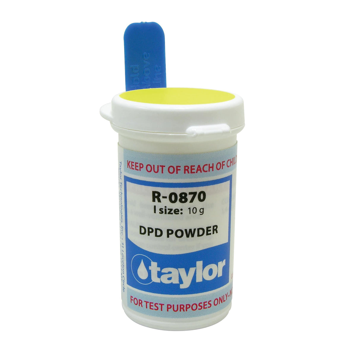 One 10 g bottle of Taylor DPD powder reagent, label facing forward