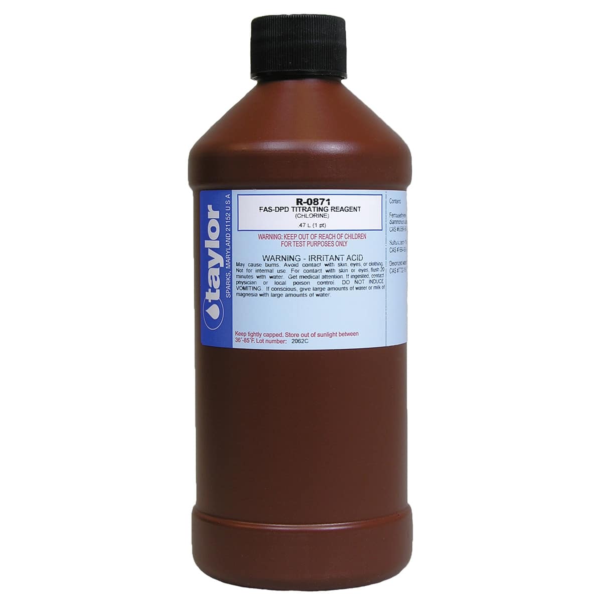 One 16 oz bottle of Taylor FAS-DPD Titrating Reagent for Chlorine, label facing forward