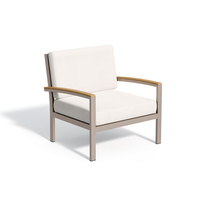 Travira cushioned lounge chair carrying a Bliss Linen deep seat and back cushion, on white