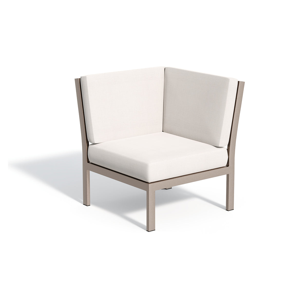 Travira modular corner seat with Bliss Linen cushions on a taupe frame, on a white background
