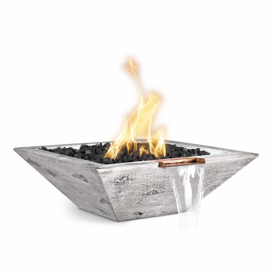 Luxury Backyard The Outdoor Plus 24" Square Maya Outdoor Fire & Water Bowl - Wood Grain GFRC Concrete - Ebony - Match Lit - Natural Gas | OPT-24SWGFWWS-EBN-NG