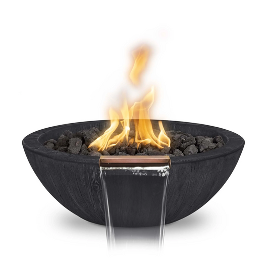 The Outdoor Plus 27" Round Sedona Outdoor Fire & Water Bowl - Wood Grain GFRC Concrete - Ebony - Match Lit - Natural Gas | OPT-27RWGFW-EBN-NG