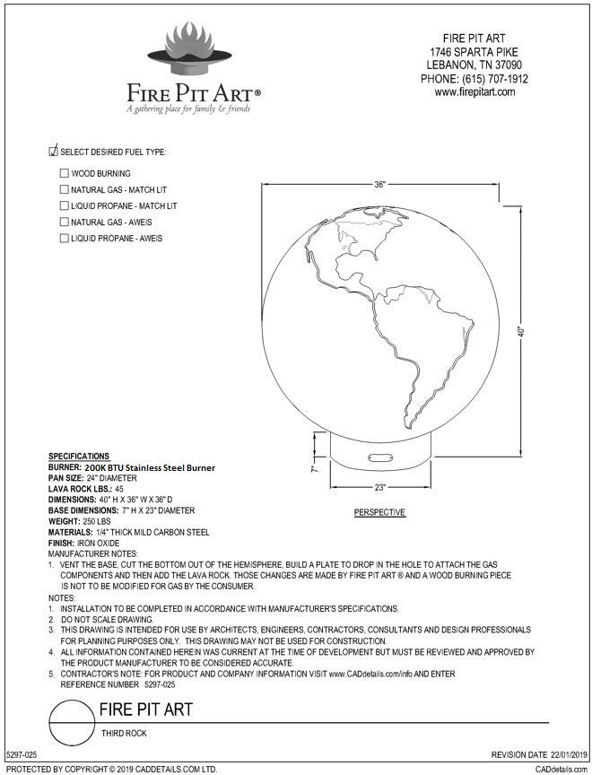 Fire Pit Art Third Rock Fire Pit, 36", dimension drawing