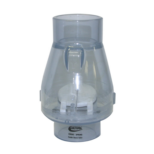Clear Valterra Check Valve, 2in, Slip x Slip, durable backflow prevention for pools.