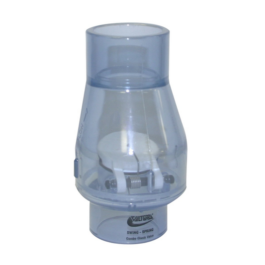 Clear Valterra PVC Swing/Spring Check Valve, 1-1/2" slip, for pools & spas.