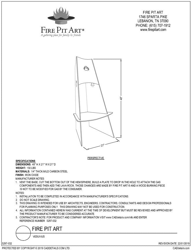 Fire Pit Art Vesuvius Fire Pit, 48" Tall, dimension drawing