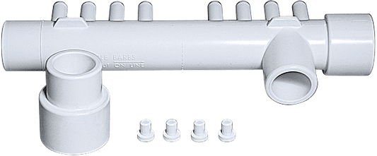 Waterway Plastics 8 Barb Mani Tee 1Spg X 1Sckt X 1Spg 3/8"B With1"Plug & 3/8Plugs Manifold 1In Slip 8-3/8 Port Barb With4 Plugs | 672-4370