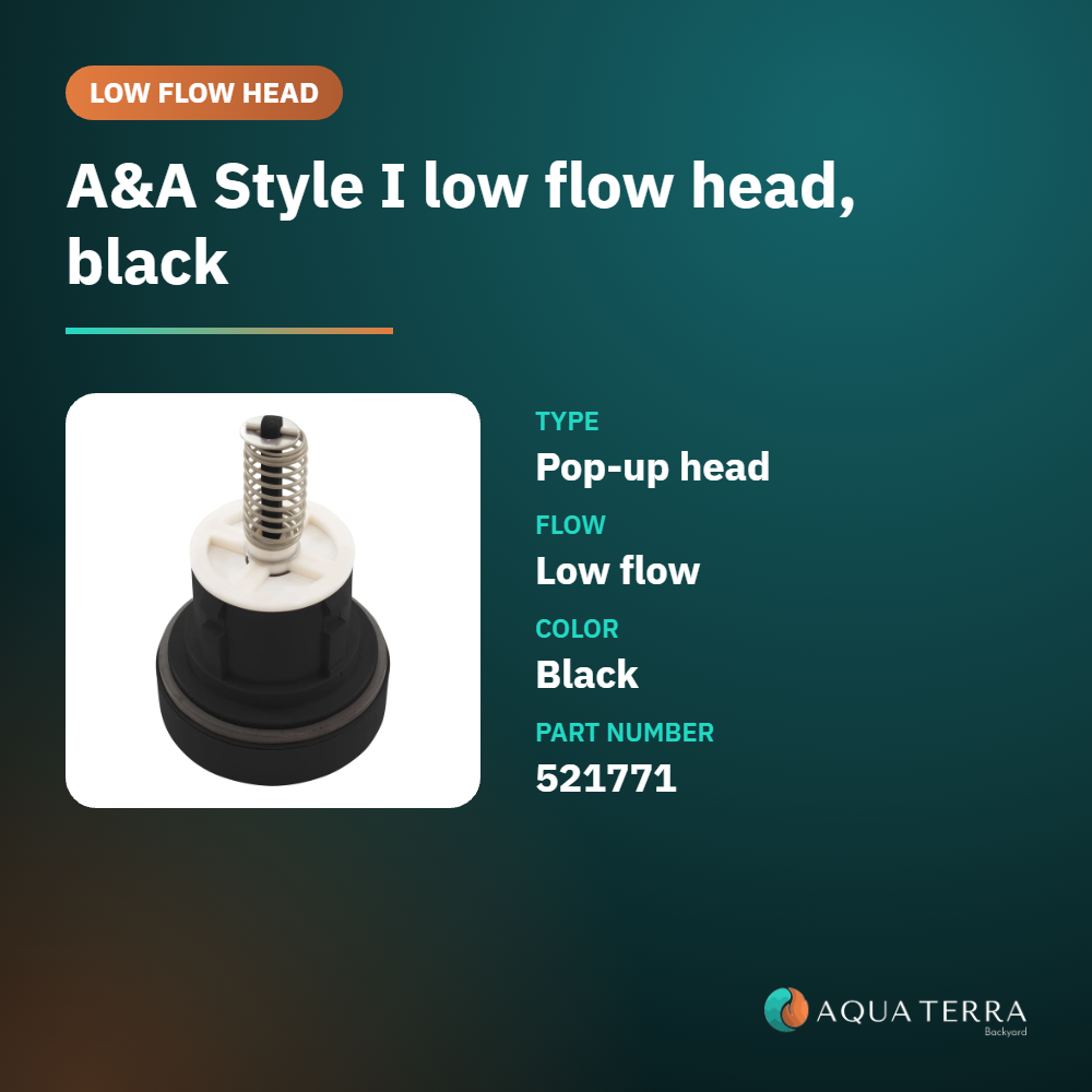 A&A Style I black low flow in-floor cleaning head 521771, at a glance card with color and part number