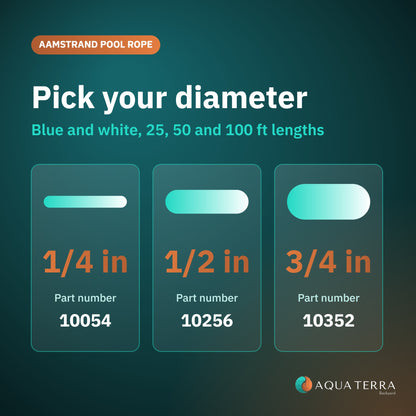 Aamstrand 3/4 inch blue and white pool rope 10352, diameter comparison card for 1/4, 1/2 and 3/4 inch rope