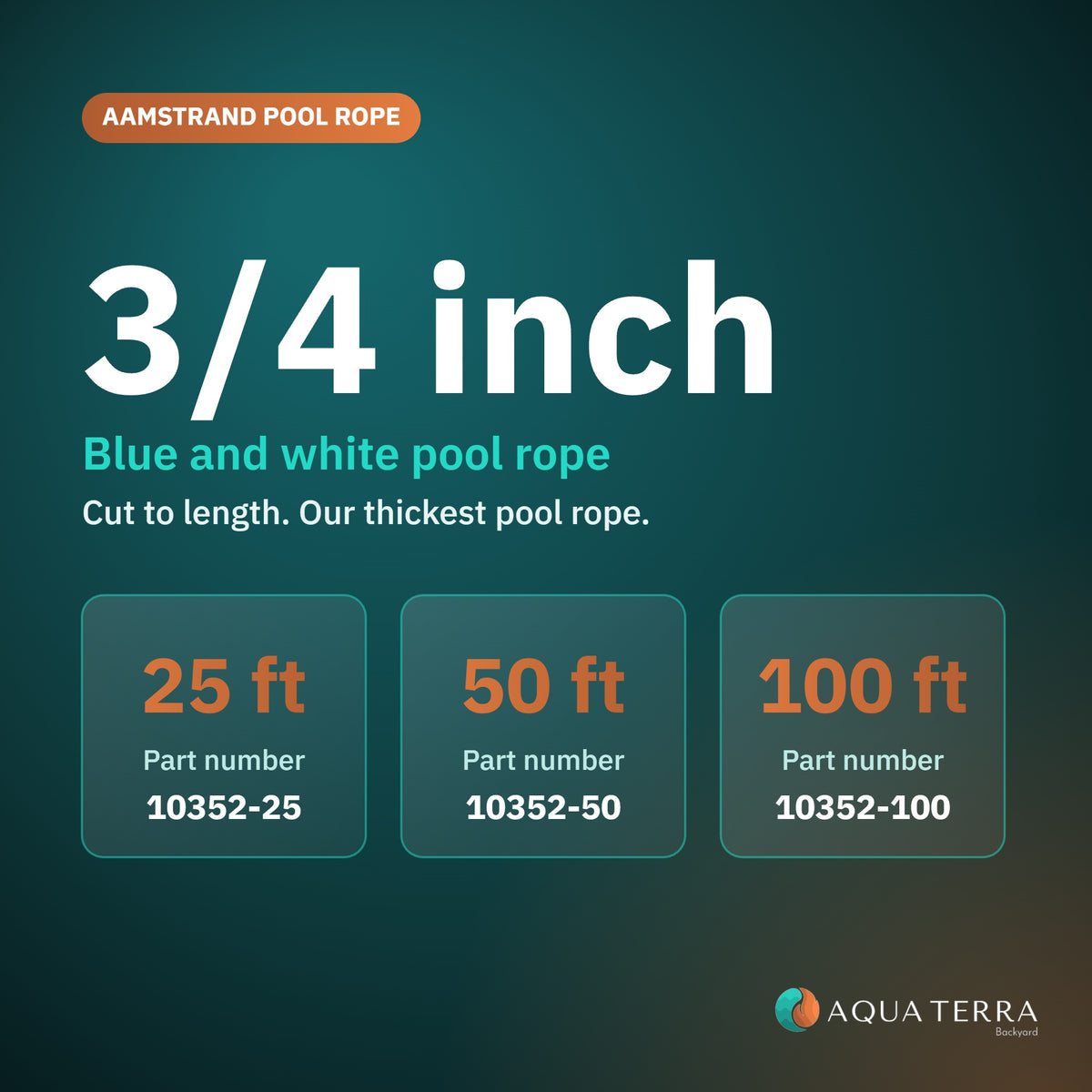 Aamstrand 3/4 inch blue and white pool rope 10352, lengths and part numbers card