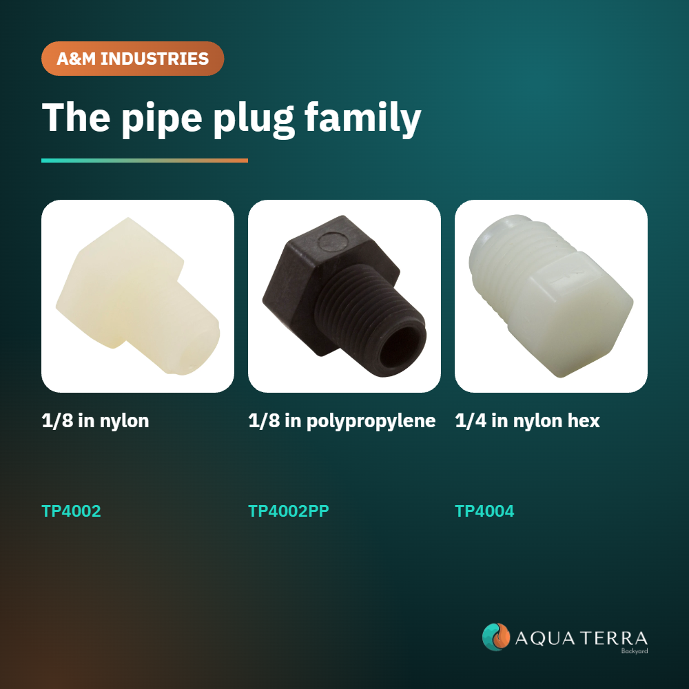 A&M TP4002 1/8 inch nylon plug shown with the A&M Industries pipe plug lineup of sizes and materials