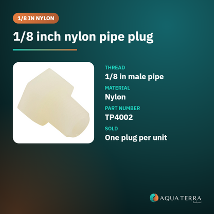 A&M TP4002 1/8 inch nylon plug at a glance: thread size, material and part number