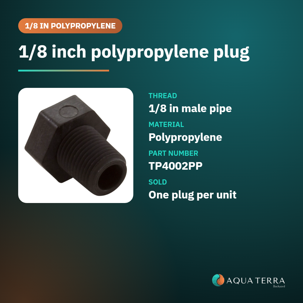 A&M TP4002PP 1/8 inch polypropylene plug at a glance: thread size, material and part number