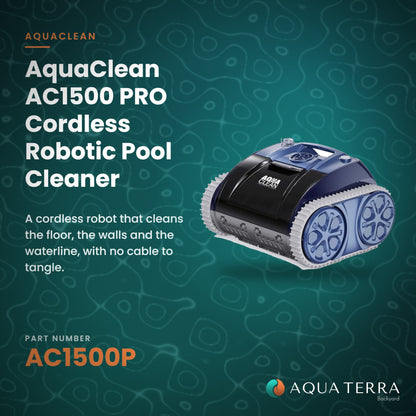 AquaCal AquaClean AC1500 PRO cordless robotic pool cleaner, what it does