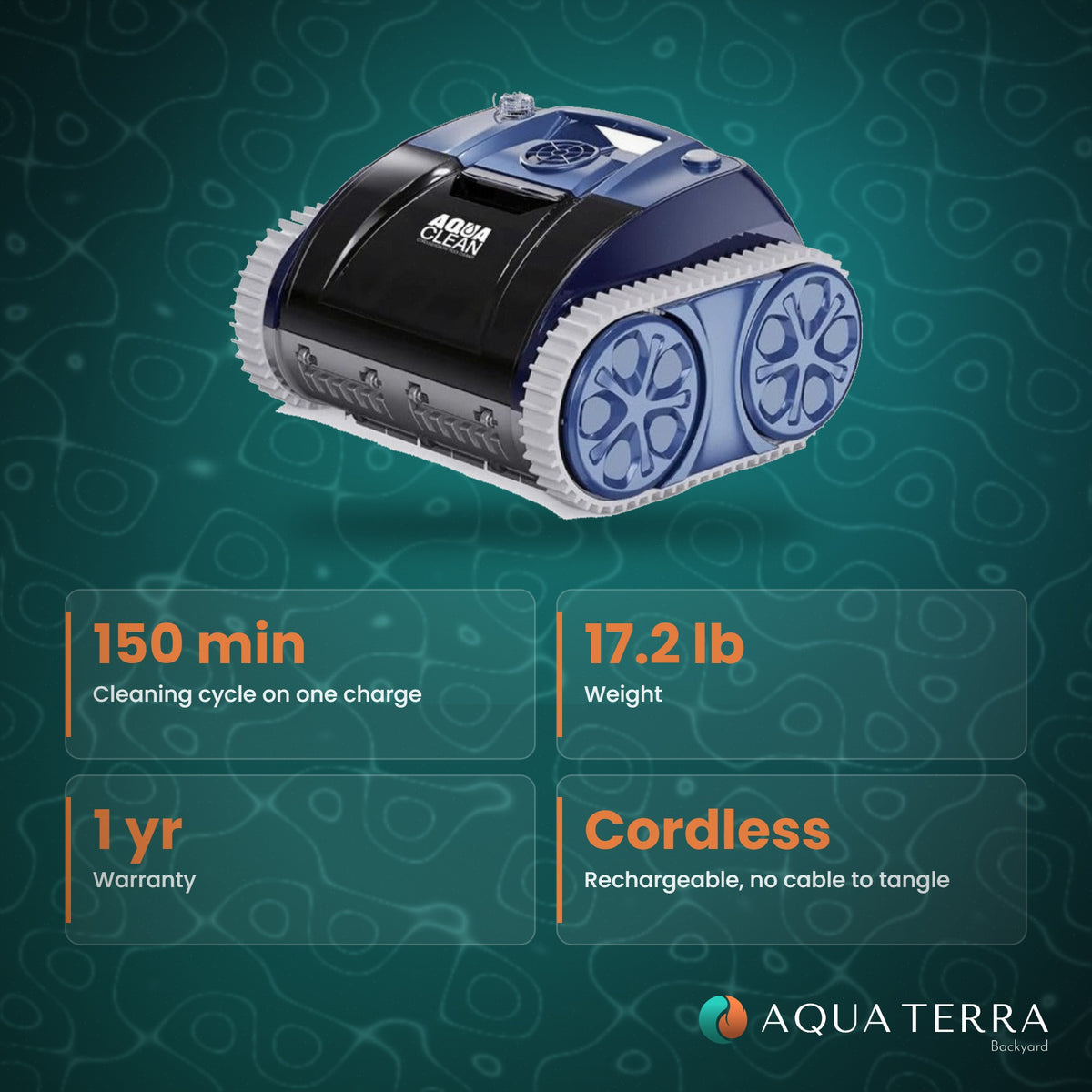 AquaCal AquaClean AC1500 PRO at a glance: 150 minute cleaning cycle, 17.2 pound weight, 1 year warranty, cordless