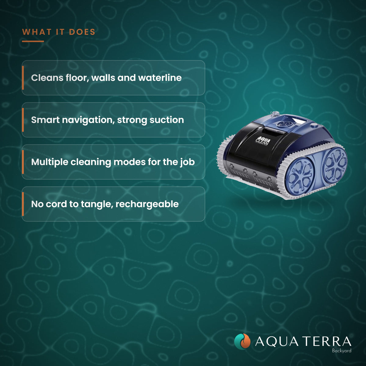 AquaCal AquaClean AC1500 PRO features: floor, walls and waterline cleaning, smart navigation and multiple cleaning modes