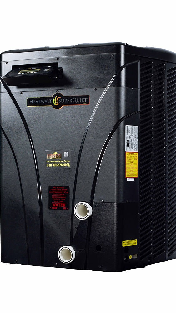 AquaCal HeatWave SuperQuiet SQ200 pool heat pump rear side view with plumbing connections