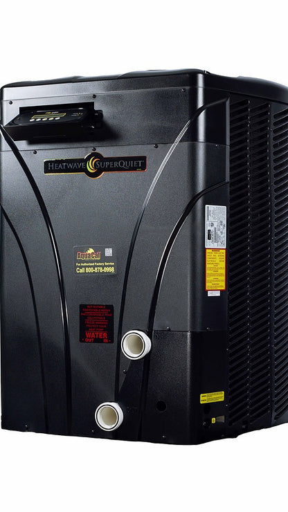 AquaCal HeatWave SuperQuiet SQ200 pool heat pump rear side view with plumbing connections