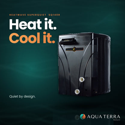 AquaCal HeatWave SuperQuiet SQ140R heat pump, angled view, with the line heat it, cool it