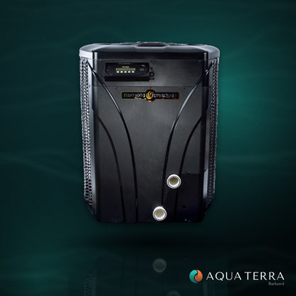 AquaCal HeatWave SuperQuiet SQ140R pool heat pump on a deep teal background