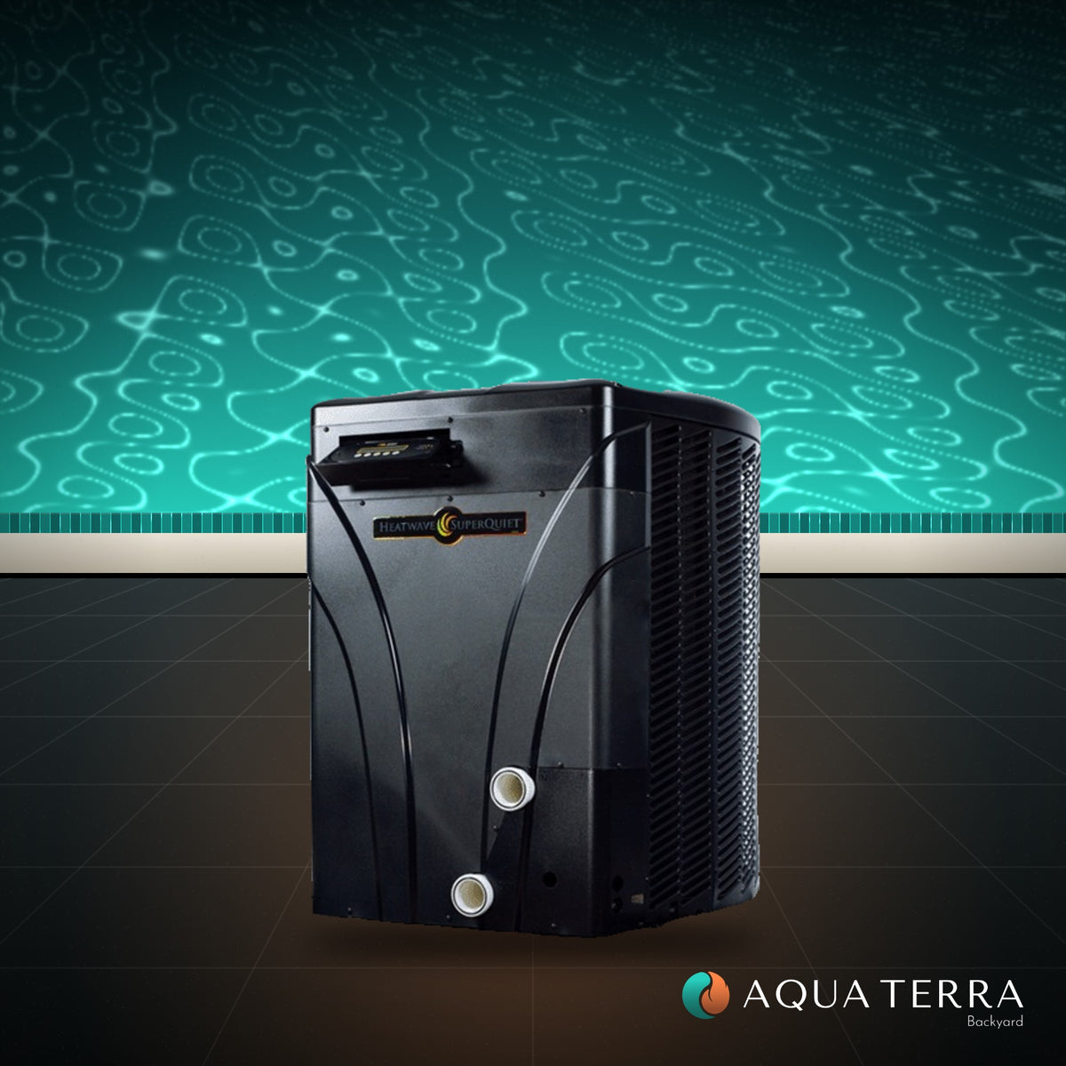 AquaCal HeatWave SuperQuiet SQ200R pool heat pump on the deck beside a swimming pool