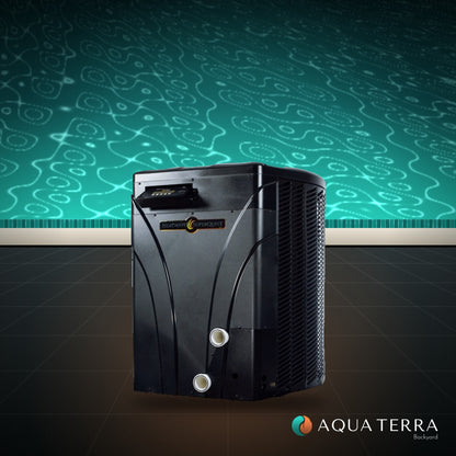 AquaCal HeatWave SuperQuiet SQ200R pool heat pump on the deck beside a swimming pool