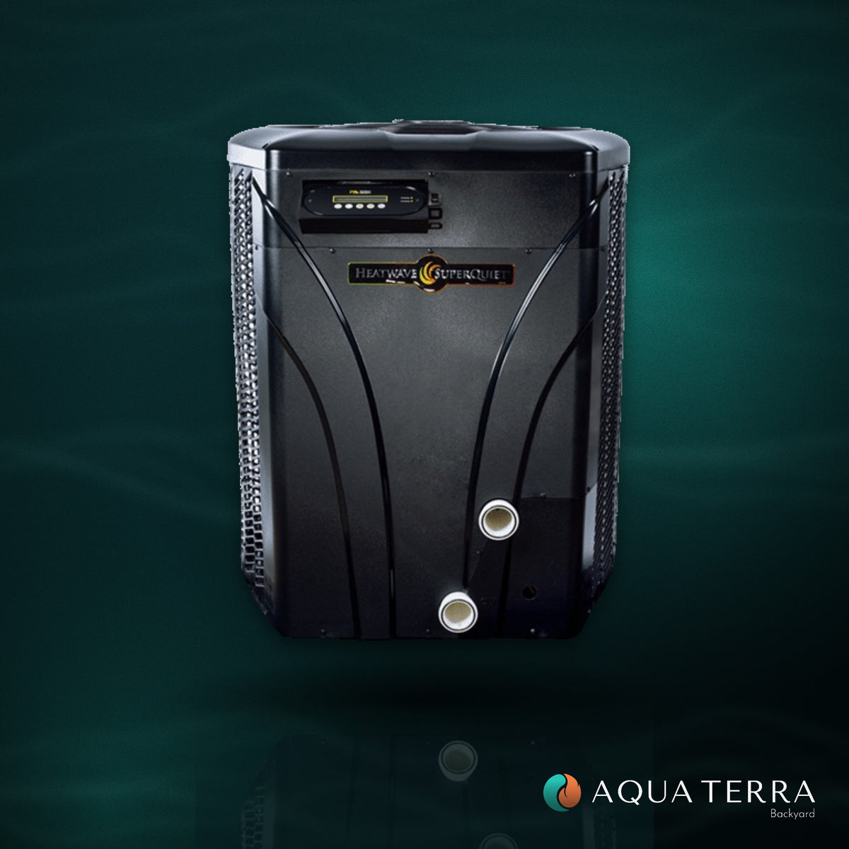 AquaCal HeatWave SuperQuiet SQ200R pool heat pump on a deep teal background