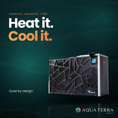 AquaCal TropiCal T100 heat pump, angled view, with the line heat it, cool it
