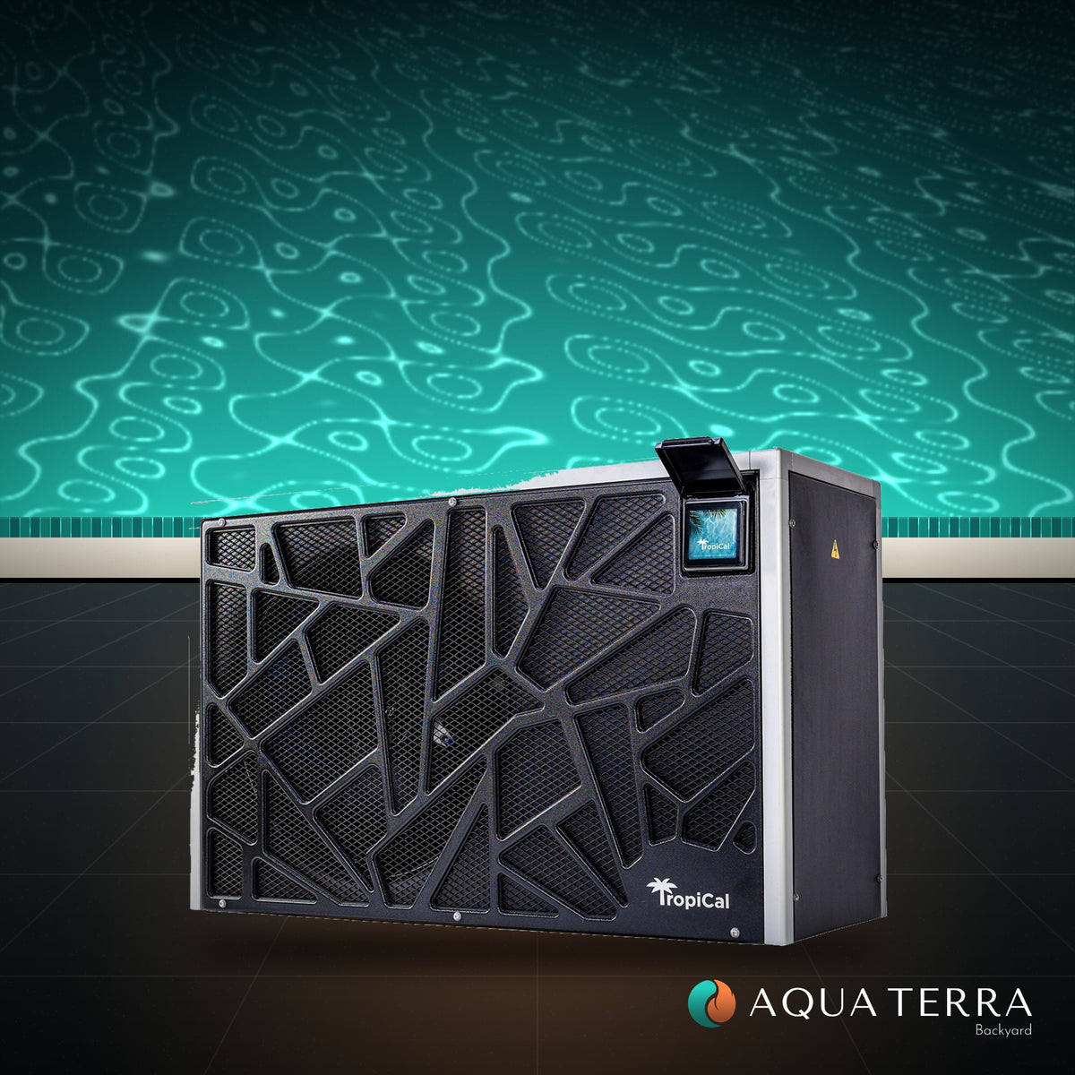 AquaCal TropiCal T100 inverter pool heat pump on the deck beside a swimming pool