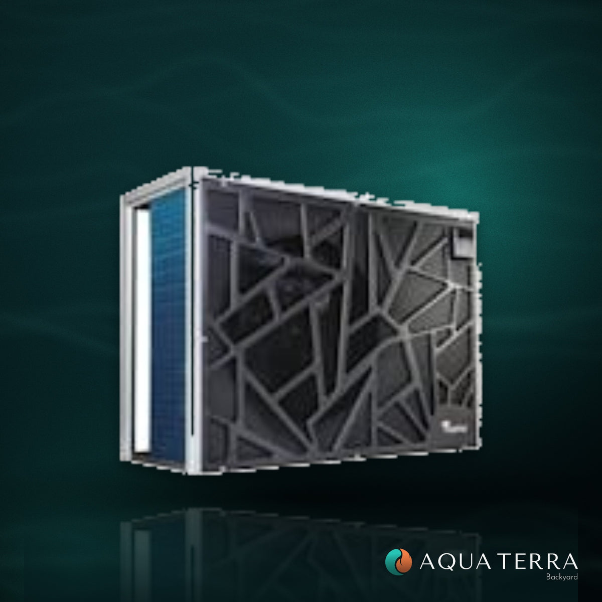 AquaCal TropiCal T100 inverter pool heat pump on a deep teal background