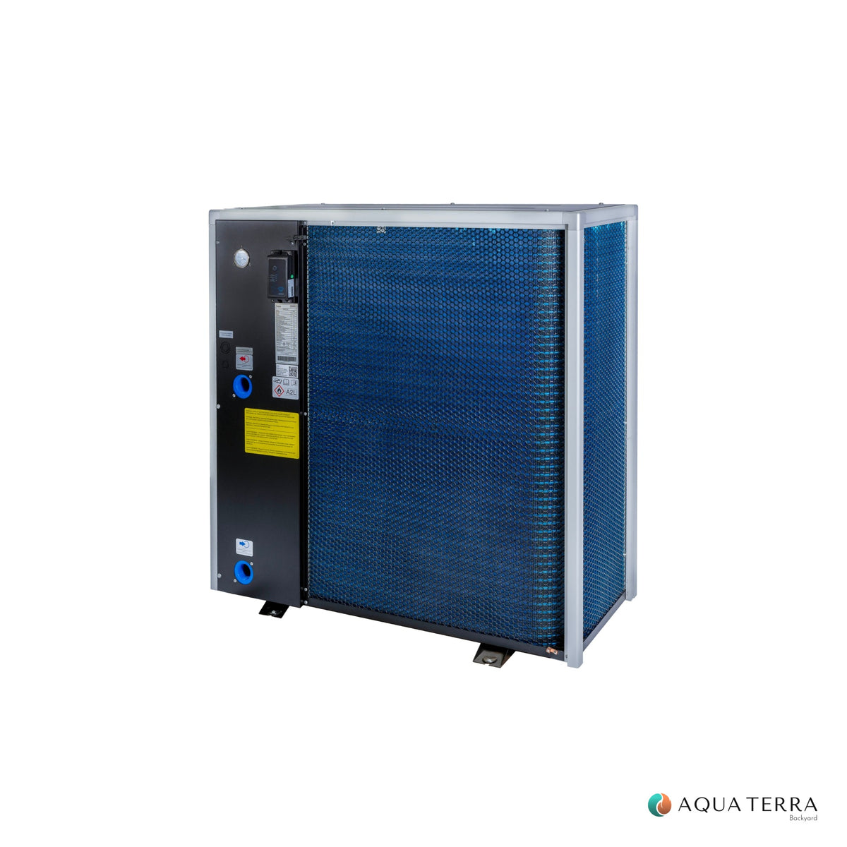 AquaCal T130 Titanium pool heat pump on white background, angled view 3