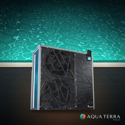 AquaCal TropiCal T130 inverter pool heat pump on the deck beside a swimming pool