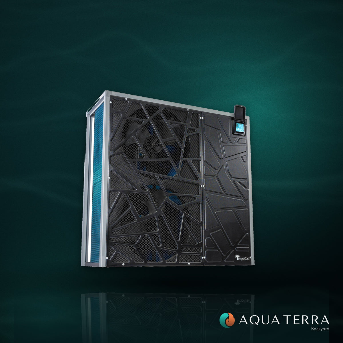 AquaCal TropiCal T130 inverter pool heat pump on a deep teal background