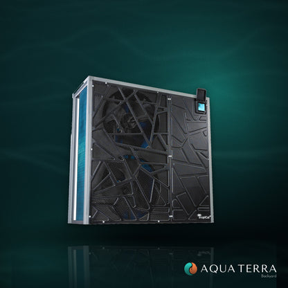 AquaCal TropiCal T130 inverter pool heat pump on a deep teal background