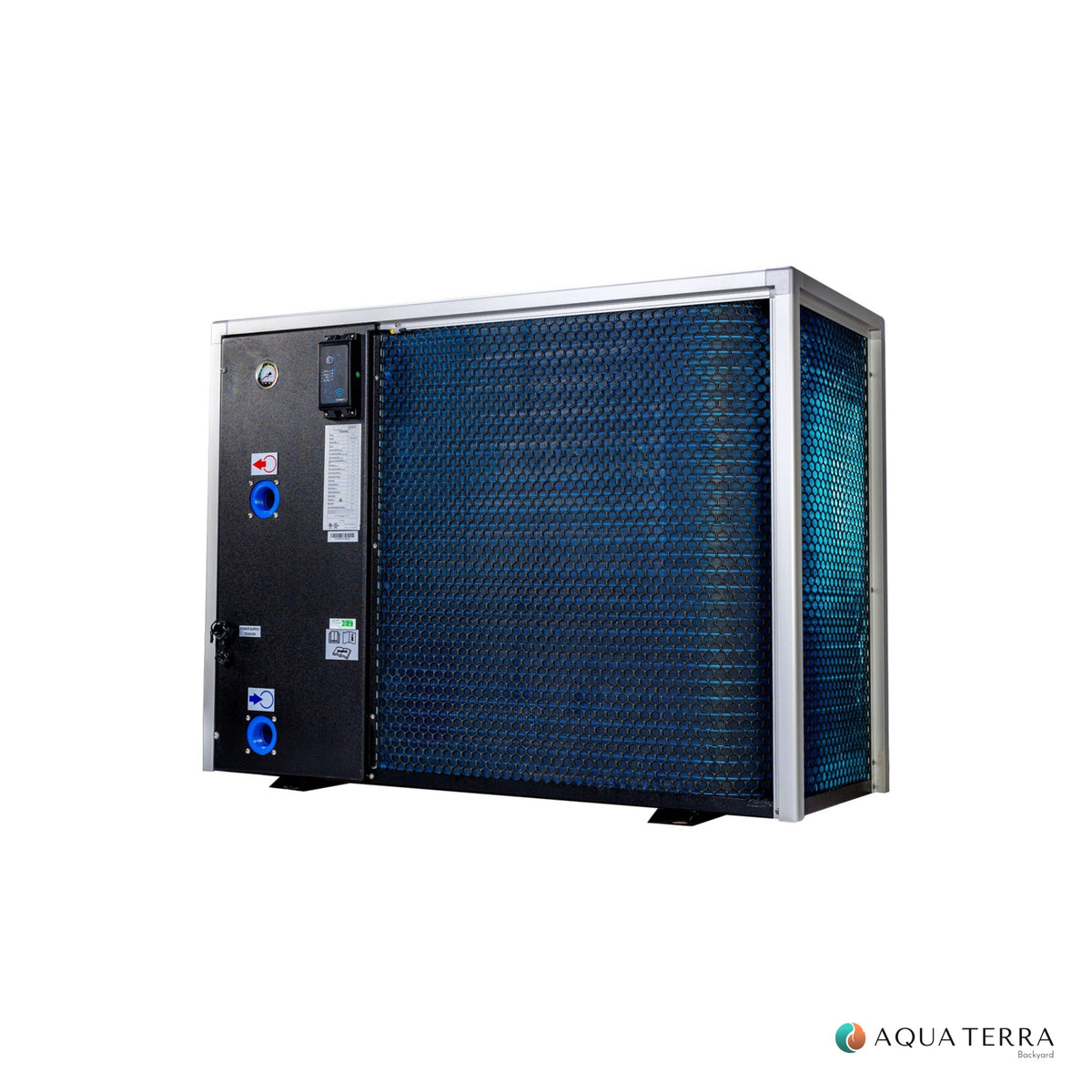 AquaCal T70 Titanium pool heat pump on white background, angled view 3