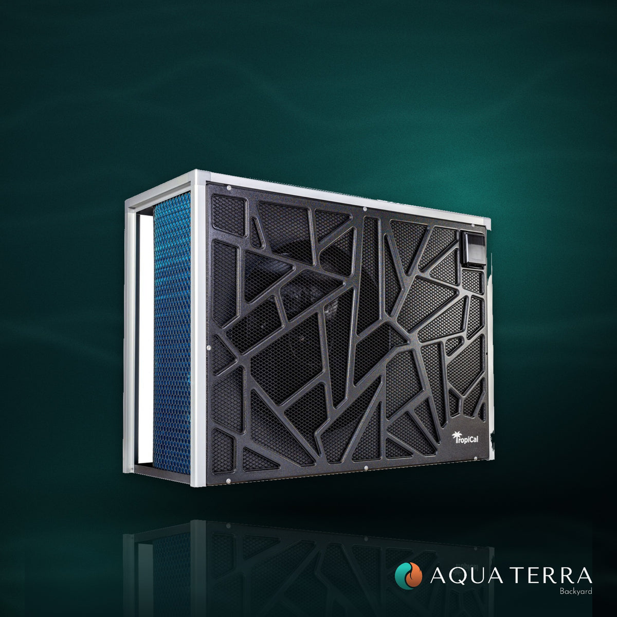 AquaCal TropiCal T70 inverter pool heat pump on a deep teal background