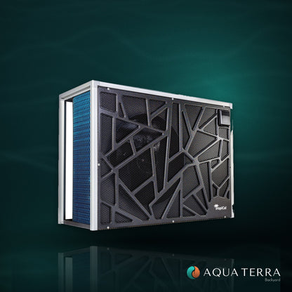 AquaCal TropiCal T70 inverter pool heat pump on a deep teal background