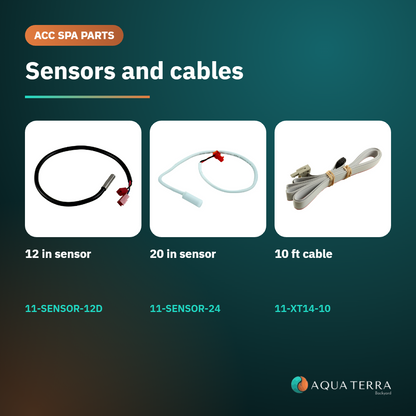 ACC 11-SENSOR-24 spa temperature sensor shown with the other ACC spa sensors and extension cables