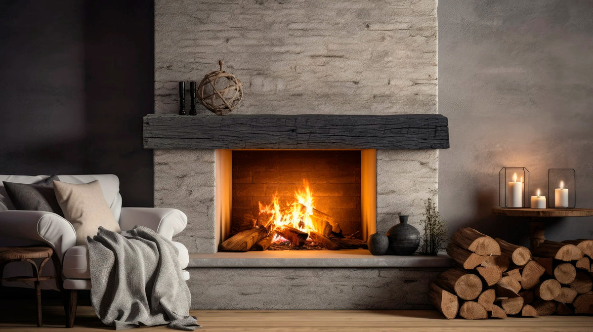 Lexington Hearth Tobacco Barn mantel over a wood burning fireplace