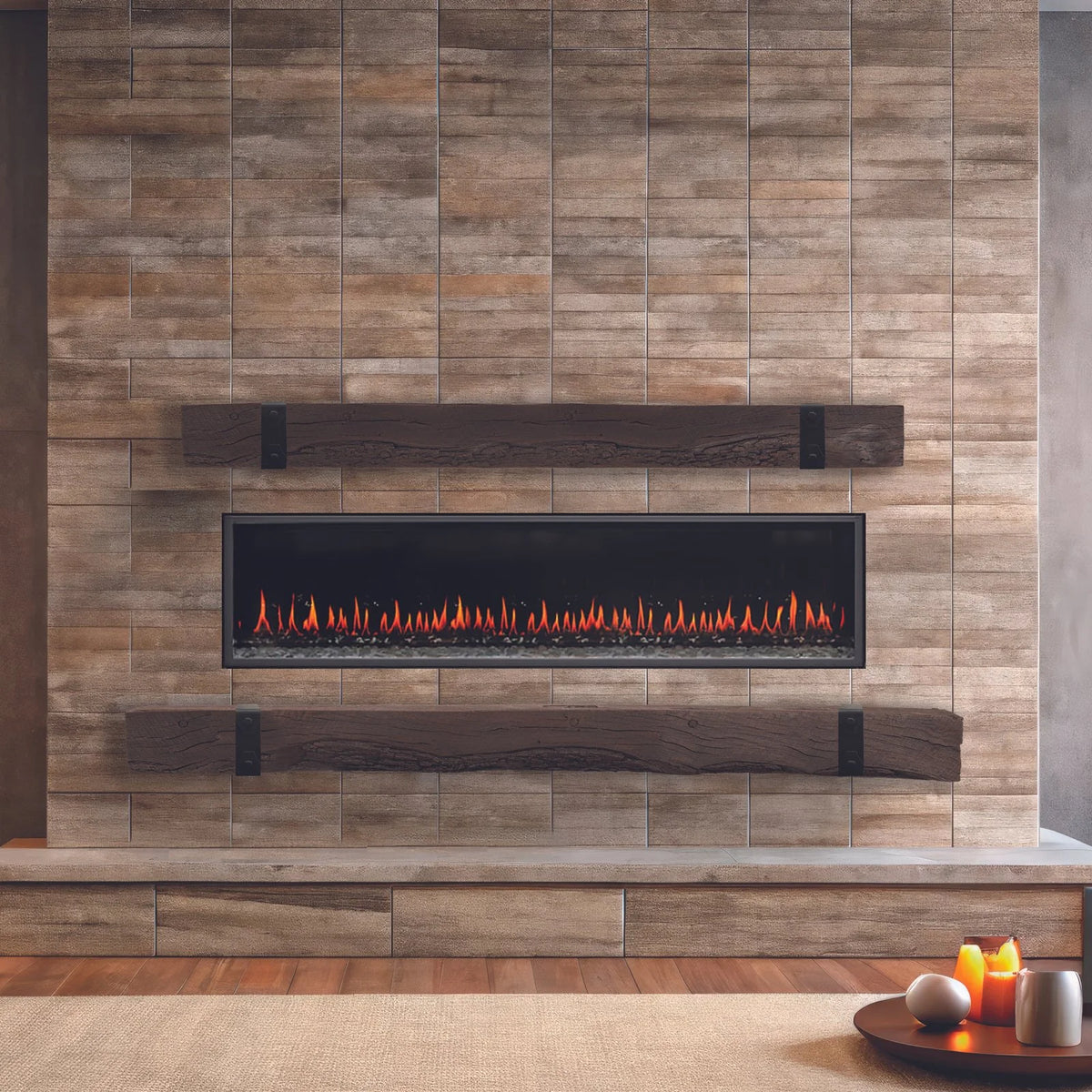Lexington Hearth Rickhouse mantels framing a linear fireplace