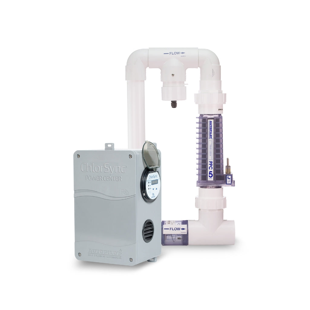 AutoPilot ChlorSync CPB0005A salt chlorine generator system with power center, flow sensor, and salt cell for residential swimming pools
