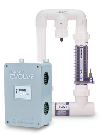 AutoPilot Pool Pilot Evolve CPB0009A salt chlorine generator system with PPM5 manifold and PPC5 salt cell for pools up to 70,000 gallons